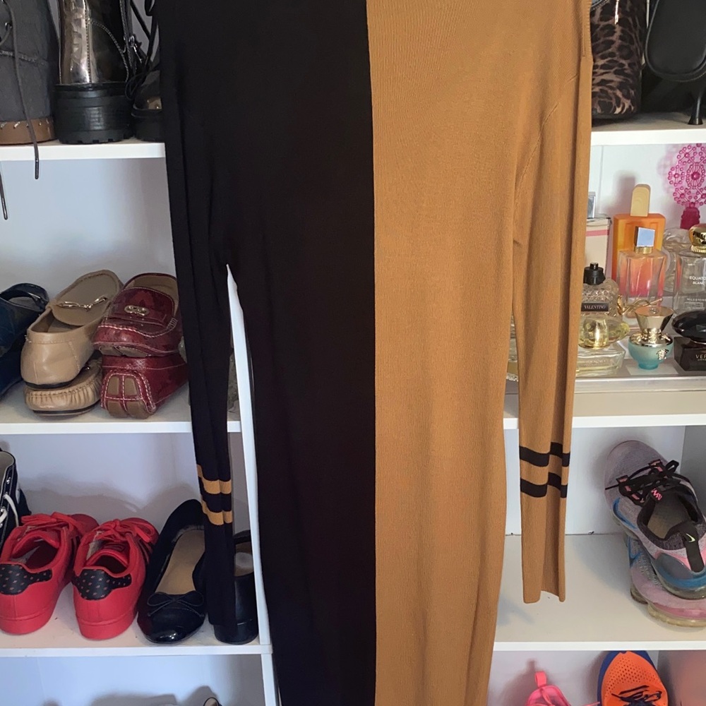 Fashion Nova Two-Tone Black and Brown Long Sleeve Dress